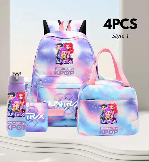 Discover Kpop Demon Hunter Backpack Set 4PCS, Pastel Anime School Bag for Girls, Cute Kawaii Student Backpack with Lunch Bag Bottle Pencil Case