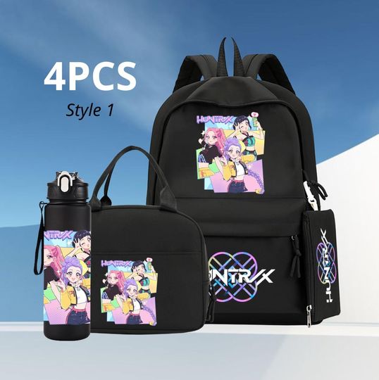 Kpop Demon Hunter Cartoon Black Backpack Multi-Pocket School Bag