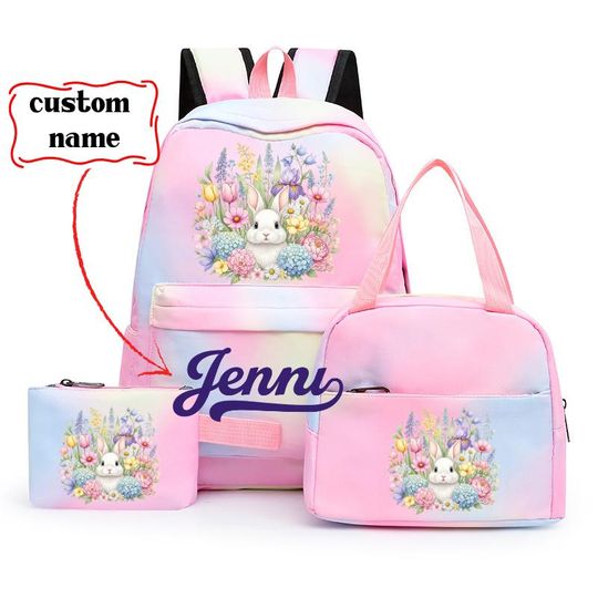 Discover Custom Name Bunny Backpack Set, Pastel Floral Illustration School Bag, Lunch Bag, Pencil Case