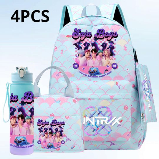 Discover 4 Piece Kpop Demon School Backpack Set  Pastel Star Bookbag, Lunch Tote & Pencil Pouch for Students