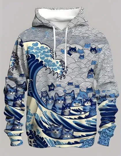 Discover Japanese-Inspired Cat & Wave 3D All-Over Print Hoodie Unisex