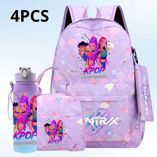 Discover Cute Kpop Demon 4PCS Bookbag Set  Girls Star Pattern Backpack with Lunch Bag, Pencil Case & Water Bottle