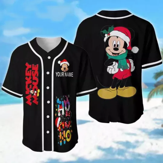 Discover Personalized Mickey Mouse Santa Hat Ho Ho Ho Christmas 3D Baseball Jersey Shirt