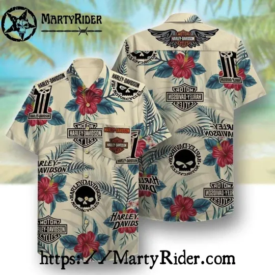 Discover Red Floral Harley Motor Racing Davidsonn Hawaiian Shirt With Logos