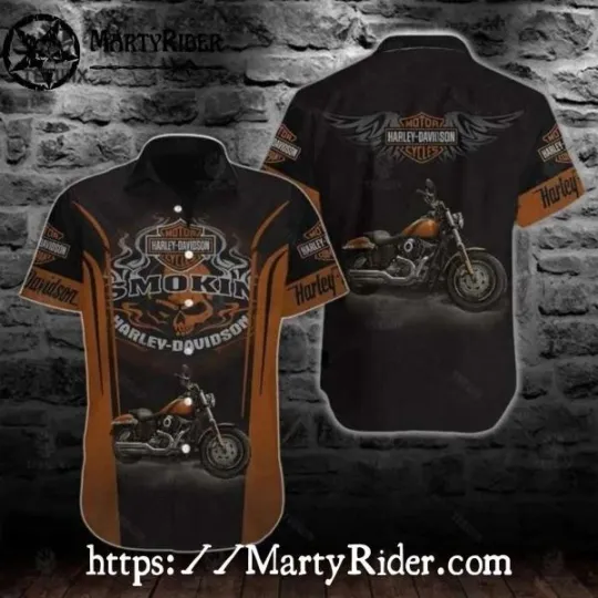 Discover Smokin’ Bike Harley Motor Racing Davidsonn Hawaiian Shirt In Black And Orange