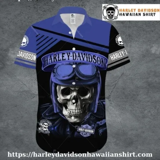 Discover Blue Skull Rider Harley Motor Racing Davidsonn Hawaiian Shirt for Men