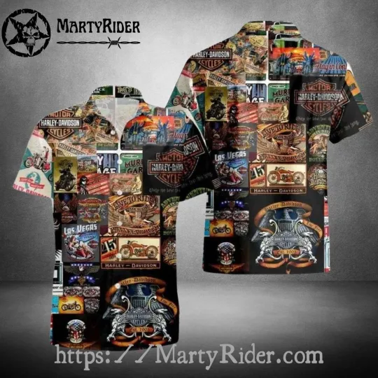 Patchwork Collage Harley Motor Racing Davidsonn Hawaiian Shirt Vintage