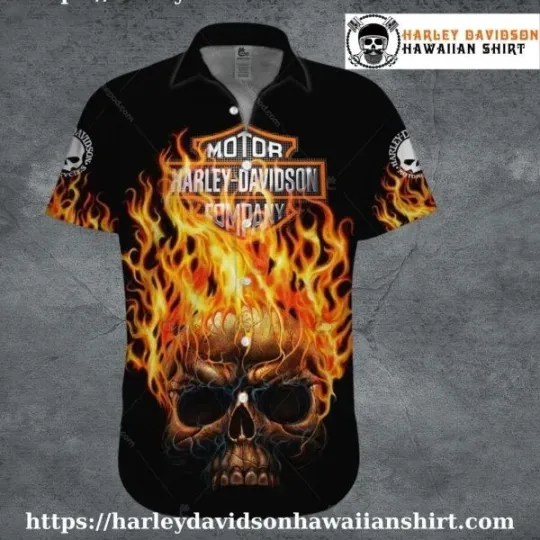 Discover Blazing Skull Fire Harley Motor Racing Davidsonn Hawaiian Shirt for Men