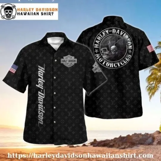 Discover Black Skull Emblem Harley Motor Racing Davidsonn Aloha Shirt for Men