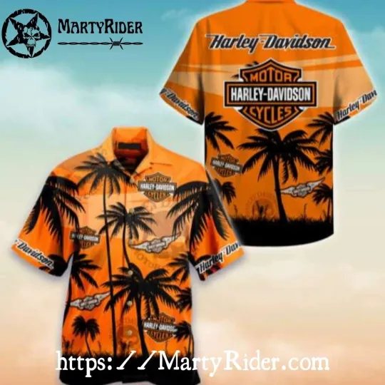 Discover Palm Sunset Harley Motor Racing Davidsonn Hawaiian Shirt Orange Scene