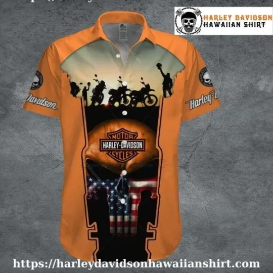 Discover Biker Sunset Flag Harley Motor Racing Davidsonn Hawaiian Shirt for Men