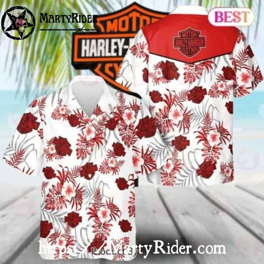 Discover Red Floral Harley Motor Racing Davidsonn Hawaiian Shirt With Logos