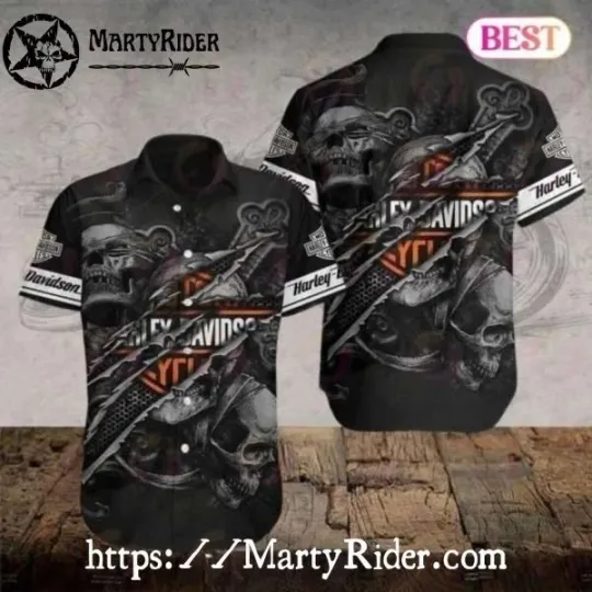 Discover Skull And Weapon Graphic Harley Motor Racing Davidsonn Aloha Shirt In Dark Desig