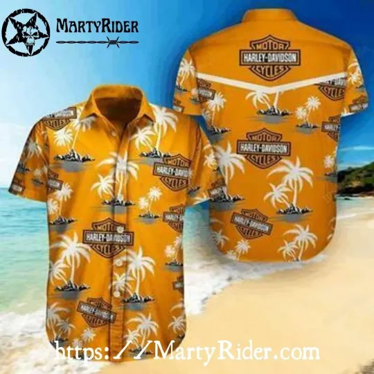 Discover Yellow Island Vibes Harley Motor Racing Davidsonn Aloha Shirt With Palms