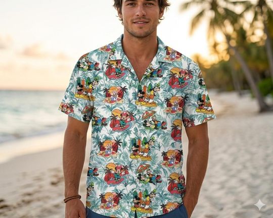 Discover Mickey And Friends Beach Vacation Hawaiian Shirt, Summer Tropical Palms Vibes Shirt, Disney Group Hawaii Shirt, Family Beach Trip Outfit