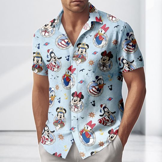 Discover Disney Nautical Hawaiian Shirt, Mickey Minnie Donald Button Shirt, Disney Nautical Cruise Character Button up Shirt, Cruise Vacation To