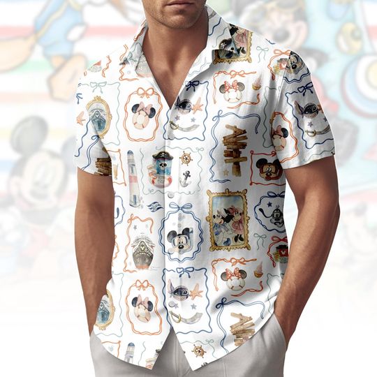 Discover Disney Cruise Hawaiian Shirt, Mickey & Minnie Nautical Theme, Disney Button Shirt, Gift For Disney Fans