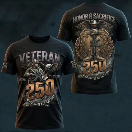 Discover Veteran USA 250 Years, Honor and Sacrifice All Over Shirt