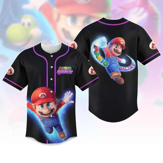 Mario Galaxy Baseball Jersey, Super Mario Button Shirt, Mario Luigi Gamer Outfit, Mario Cosplay Jersey Shirt, Mario Jersey For Kids Gif