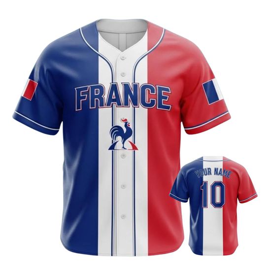 Discover Custom France Baseball Jersey with Name and Number, French Flag Sports Shirt, Personalized Team Fan Gift Unisex Game Day Top Jersey
