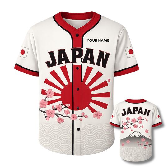 Discover Personalized Japan 3D Baseball Jersey Custom Name Button Up Shirt, Sakura Cherry Blossom & Mt Fuji Rising Sun Graphic Gift for Men Women