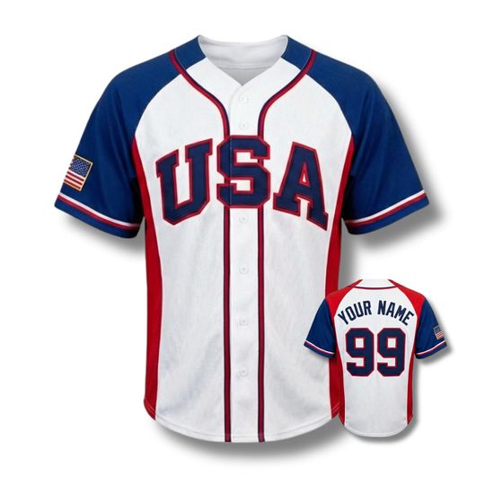 Discover Personalized USA 3D Baseball Jersey Button Up, Custom Name & Number, Pinstripe Red Blue Team Shirt, Patriotic Gift for Men Women Fans