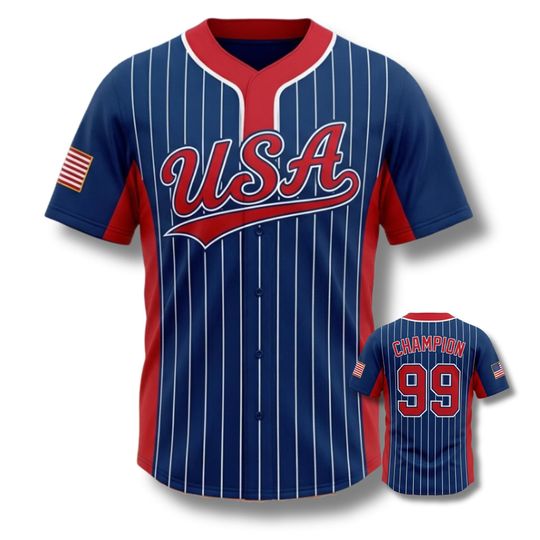 Personalized USA 3D Baseball Jersey Button Up with Custom Name & Number, Pinstripe Red Blue Team Shirt