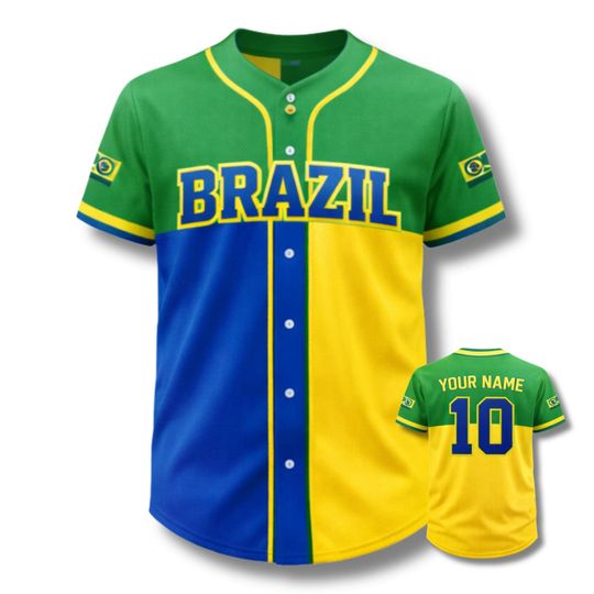 Discover Brasil Baseball Fan Jersey Button Front Shirt, Custom Name & Number Back