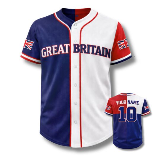 Discover Great Britain Baseball Fan Jersey Button Front Shirt, Custom Name & Number, 3D Style White Red Navy, International Tournament 2026 Wear
