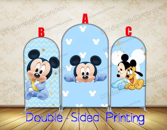 Single Sided Baby Mickey Arch Cover Soft Blue Cartoon Backdrop For Baby Shower Celebration