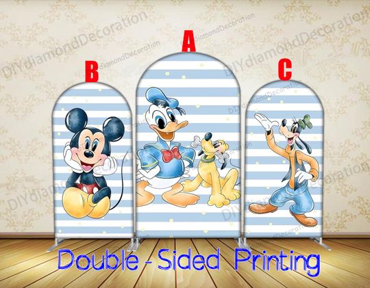 Discover Mickey Mouse Friends Arch Cover Double Sided Blue Stripe First Birthday Party Backdrop Decoration