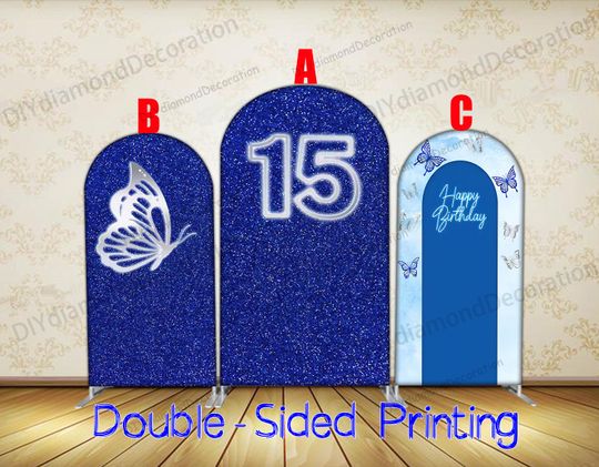Discover 15th Blue Butterfly Arch Cover Double Sided Quinceanera Backdrop For Sweet Fifteen Birthday Party