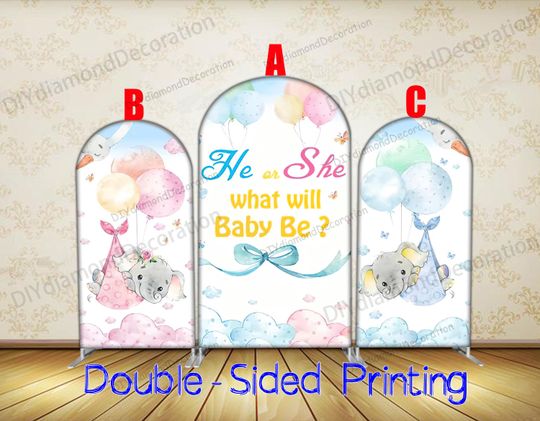 Discover He or She Gender Reveal Arch Cover Double Sided Baby Shower Backdrop With Cute Elephant Design