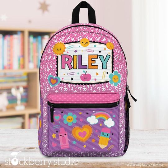 Discover Composition Book Girl Backpack Personalized Name Kids Back to School Custom Rainbow Retro Groovy Retro Back pack Travel Vacation Bag Gift
