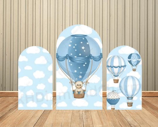 Bear Arch Backdrop Cover Hot Air Balloon Blue Sky White Cloud Baby Shower Party Decor Boy Birthday Photography Background