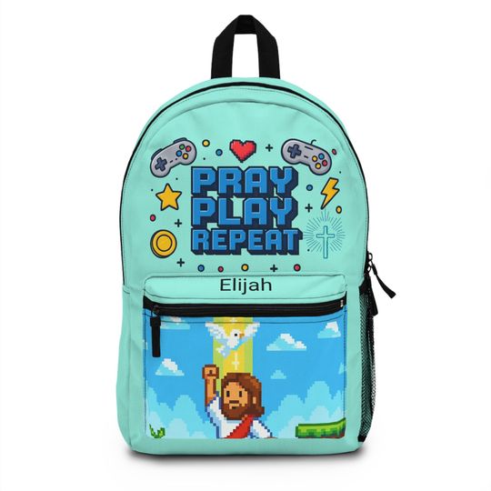Discover Personalized Christian Gamer Backpack: "Pray Play Repeat" Jesus Pixel Art