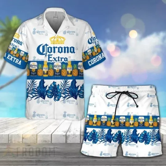Discover Tropical Pineapple Corona Extra Beer Hawaiian Shirt Shorts Set Beach Summer