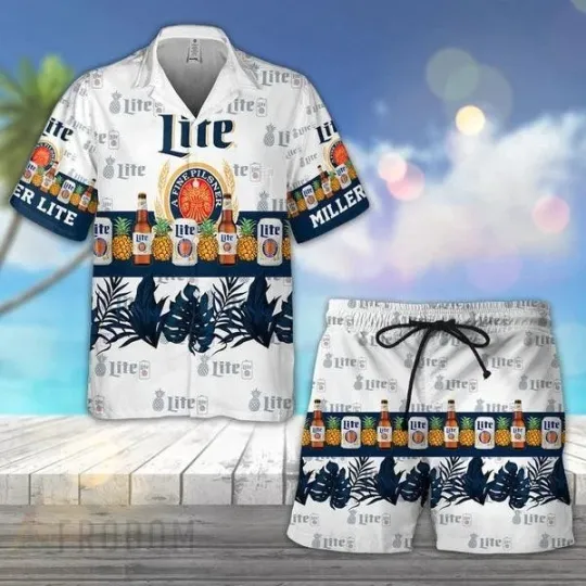 Discover Tropical Pineapple Miller Lite Beer Hawaiian Shirt Shorts Set Beach Summer
