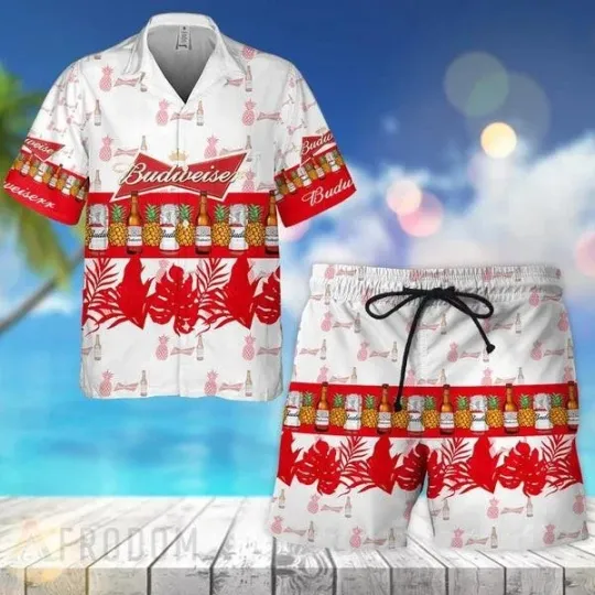 Tropical Pineapple Budweiser Hawaiian Shirt And Shorts Set Beach Summer Holiday