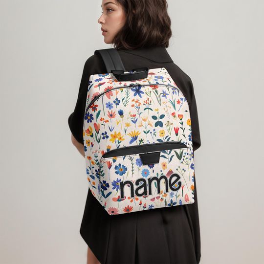 Custom Name Floral Backpack  Personalized Flower PU Leather Bag | Cute Waterproof School Backpack, Gift for Her