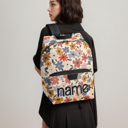 Personalized Name Vintage Flower Print Bag, Personalized School & Travel Backpack, Gift for Girls, Women