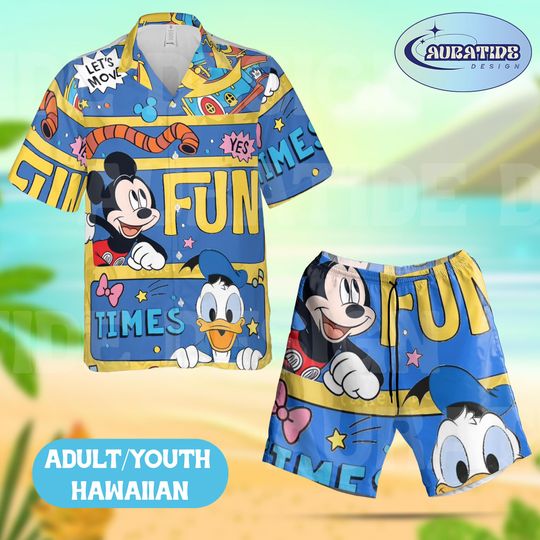 Discover Cartoon Mouse Duck Hawaiian Shirt Set, Fun Summer Vacation Outfit, Cartoon Character Hawaiian Shirt Shorts Set