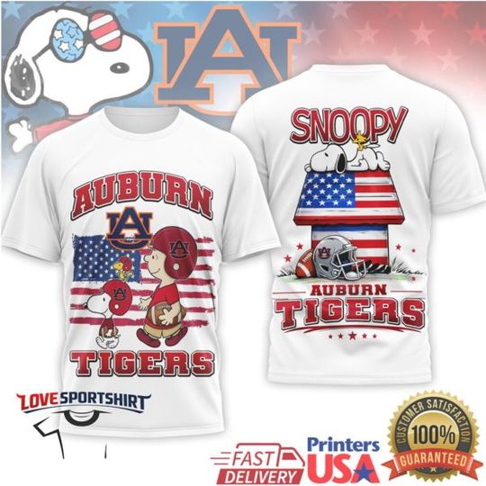 Auburn Tigers Snoop and Charlie Brown US Flag Football T Shirt