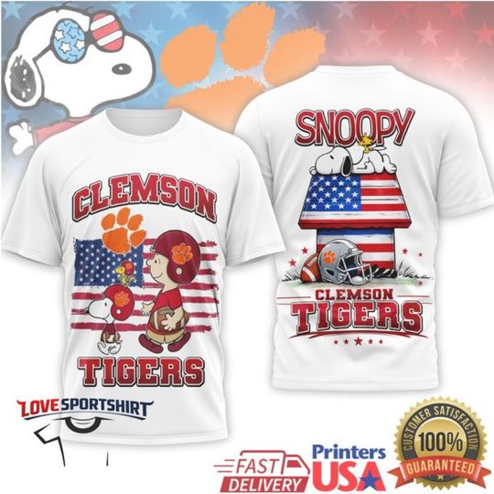 Snoop and Charlie Brown Clemson Tigers Patriotic American Flag Football T Shirt