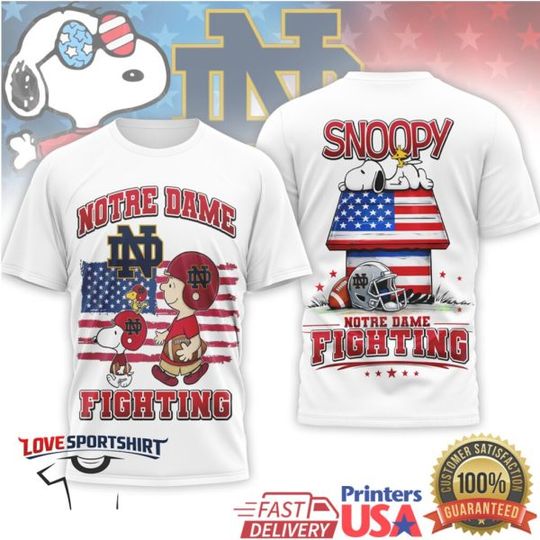 Snoop and Charlie Brown ND Fighting Irish Patriotic American Flag T Shirt