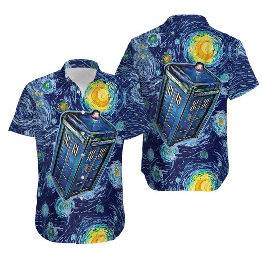Starry Night Dr Who Hawaiian Shirt, Van Gogh Summer Outfit, Tardis Summer Shirt, Whovian Beach Shirt, Doctor Who Gifts, TV Show Merch
