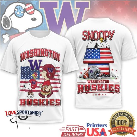 Washington Huskies Snoop and Charlie Brown US Flag T Shirt