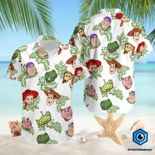 Discover Disney Toy Story Cute Head Green Floral Summer Beach Hawaiian Shirt