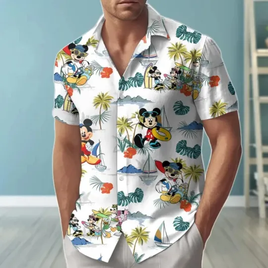 Discover Disney Mickey And Friends Beach Island White Aloha Hawaiian Shirt