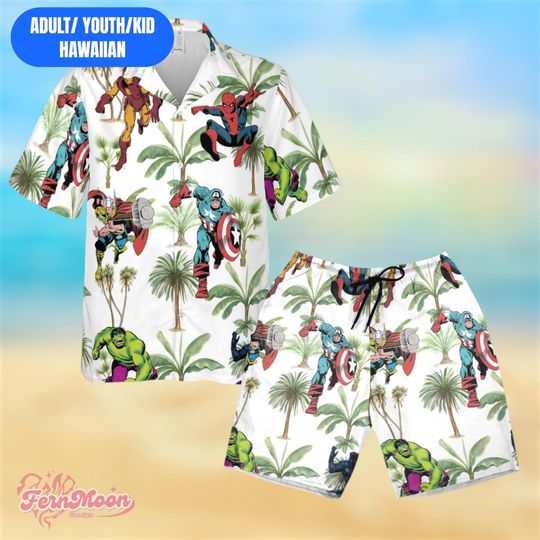 Marvel Avengers Hawaiian Shirt, Spider Man Captain America Hulk Iron Man Tropical Aloha Set